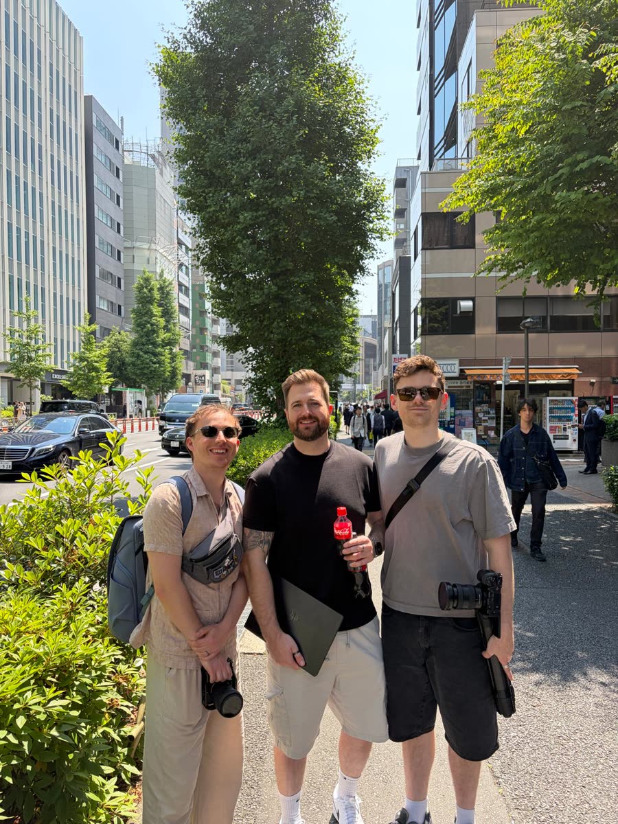 Alex with the camera crew on a press trip in Tokyo
